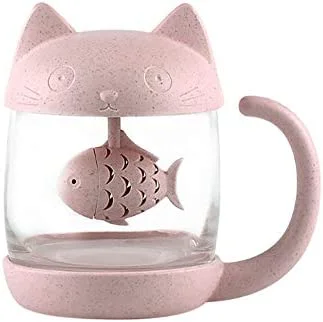 BigNoseDeer Tasse à thé en Verre de Chat Bouteille d&rsquo;eau-avec Filtre de Filtre à Infusion de Pain de Poisson 250ML (8 oz) (Rose)