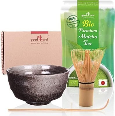 Ensemble de Démarrage Thé Matcha: – Thé Vert Matcha Japonais de l&rsquo;agriculture Biologique + Tasse à thé Matcha en ceramiqe, Fouet et cuillière (Goma)