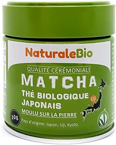 Thé Matcha Bio Japonais. Cérémonie Thé Vert Matcha en Poudre. Matcha Green Tea Produit au Japon Uji, Kyoto. Idéal à Boire, pour Cuisiner et dans le Lait. Boîtes de 30 g. NaturaleBio
