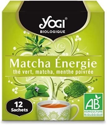 Yogi Biologique Matcha Énergie, Thé Vert 100% Bio Matcha et Menthe Poivrée, 12 Sachets thermosoudés et sans agrafe, 21.6 g, 310911