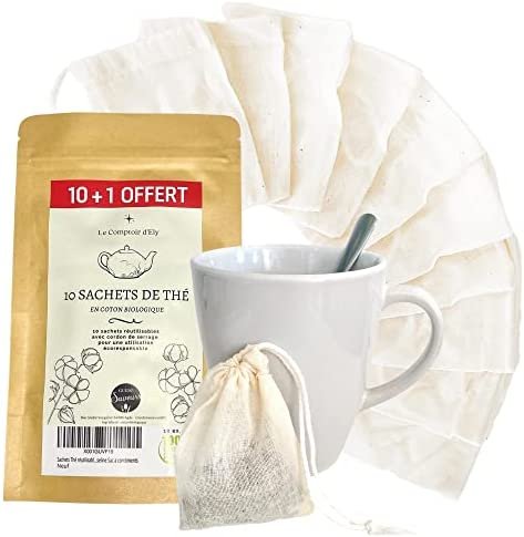 10+1 OFFERT Sachets Thé 8x6cm-Réutilisable-Vide-Coton Bio-Filtre thé-Cordons-Mousseline-Infusion Chaud ou Froid-Sac a Condiments-Infuseur a Thé-Thé de Bain-Lavable-A Remplir-Ecologique-Idée Cadeau