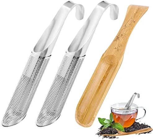 2 Pcs Infuseur à Thé en Acier Inoxydable, Pipe à Thé Passoires de Diffuseur de Thé Filtre à Thé Tube Maille Fine avec une Cuillère Bois pour Filtrer Epices Herbes Thé en Vrac Tisane