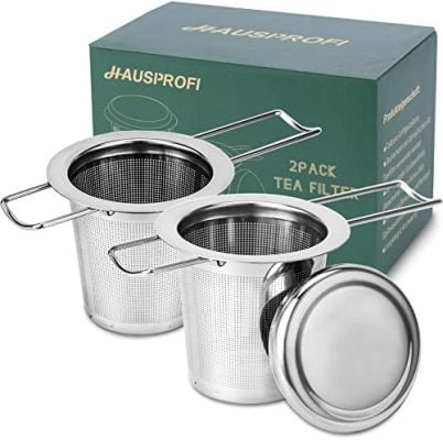 2PCS Infuseur à Thé Original en Acier Inoxydable 304, Filtre Extra Fin 0,5mm Filtre à Thé Trou Fin avec Poignées Pliables & Couvercle pour Mug Tasse Théière Verre – 5,5×6,5cm