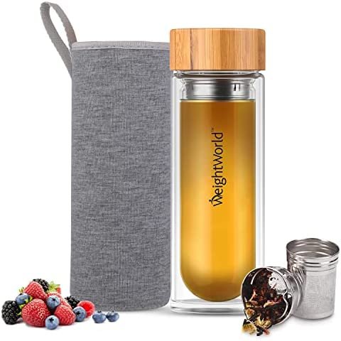 Bouteille Infuseur à Thé Isotherme – 500ml Infusion en Verre à Double Paroi avec Filtre Acier Inoxydable Amovible & Couvercle en Bambou – Sans BPA – Boissons Chaudes & Froides, Thermos Infuseur à Thé