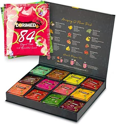 Coffret Découverte & Dégustation – Assortiment de 12 Thés & Infusions Aromatisés (84 sachets individuels) – Thé Noir / Blanc / Vert / Matcha / Earl Grey / Oolong / Pu-Erh – Coffret Cadeau – Tisanes