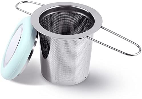 Fenshine – Infuseur à thé en acier inoxydable avec poignée pliable, filtre à thé en maille extra fine avec couvercle pour thé en vrac (bleu clair)