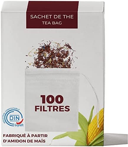 Filtres à thé | Sachet de thé vide en Amidon de maïs pour Tisane, Infusion, Plante et épice | Biodégradable (100pcs)