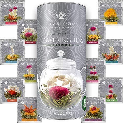 Fleurs de thé Teabloom – 12 variétés uniques de boules de thé – Feuilles de thé vert attachées les unes aux autres à la main et fleurs comestibles – 12 fleurs par cartouche – 36 infusions