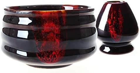 Goodwei Bol Matcha – Tasse à Cérémonie Thé Japonais en Céramique (Bol et Chasentate, Akai)