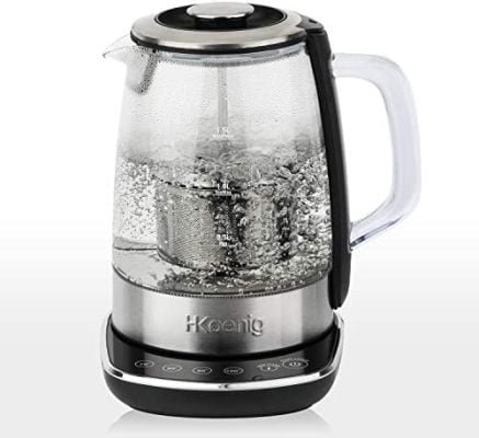 H.Koenig Théière Bouilloire Instant T électrique en Verre 1.5L TI600 avec Infuseur filtre à Thé Inox 2200W Compacte, Ebullition rapide, Thermostat Réglable 70° à 100°C , Maintien au chaud, 2couvercles