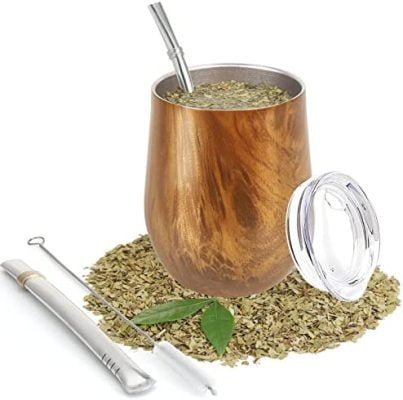 Kit Tasse à Maté | Yerba Mate En Acier Inoxydable | Calebasse Naturelle + Paille Bombilla + Goupillon | Tasse Maté Set Pour Boire Le Maté De Yerba