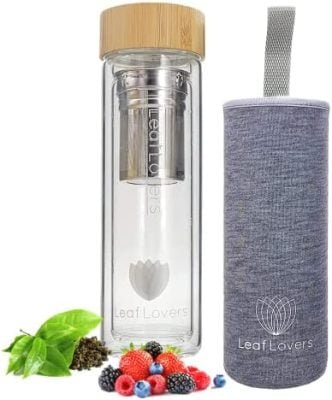 Leaf Lovers Bouteille de Thé avec Passoire à Emporter | Thermos Verre à Double Paroi | Passoire en INOX et Housse de Protection Incluses, 400 ML