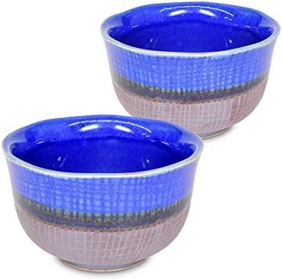 Mino Ware – Lot de 2 tasses à thé japonaises traditionnelles Yunomi – Mini bol à matcha – Design TEKKOKU AI pour thé vert et thé matcha