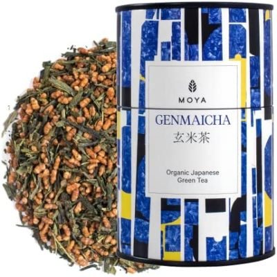 Moya thé vert organique Genmaicha | 60 g de Sencha avec du Riz | Thé du Japon | Convient aux végétaliens et aux végétariens | Parfait pour un cadeau