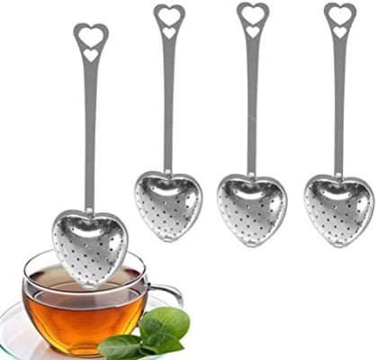QoFina Passoire à thé cœur, Filtre à thé, cuillère à thé, passoire à thé en Acier Inoxydable, coquetier à thé, Rail de Guidage, infuseur à thé avec poignée en cœur pour Feuilles de thé
