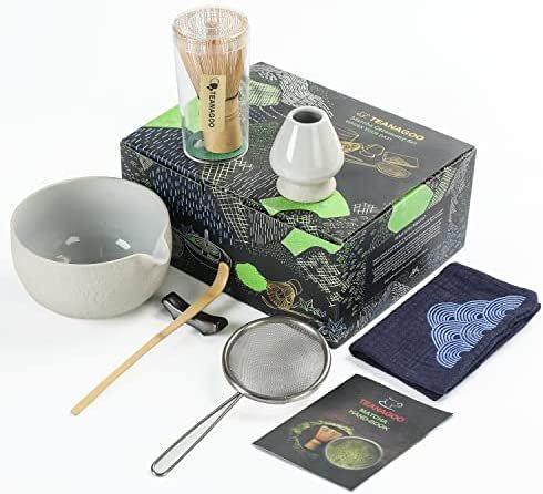 TEANAGOO Service à thé japonais (7 pièces) Bol à matcha avec bec verseur Fouet à matcha en bambou (Chasen) Pelle (Chashaku) Porte-fouet à matcha Ensemble de fouet à matcha N3 Gris clair