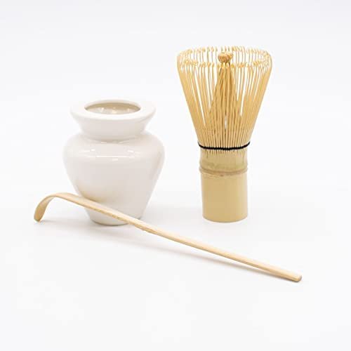 TRIXES Ensemble de fouet à thé vert matcha japonais – Fouet et cuillère en bambou avec support de fouet en céramique blanche – Mousseur bio et accessoire de cuisine parfait