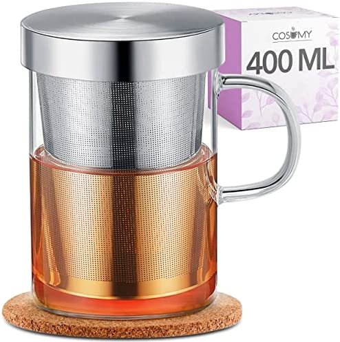 Tasse a The avec Infuseur, Couvercle et Soucoupe – Verre Borosilicate – Mug avec Passoire de 400ml