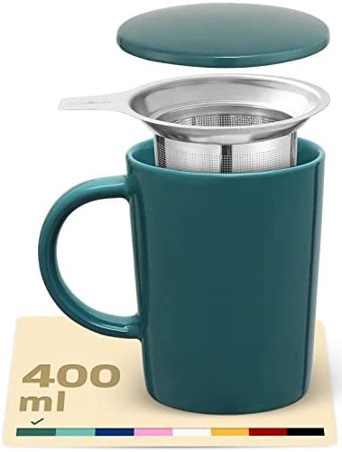 Tasse à Thé avec Infuseur et Couvercle – Céramique – Reste Chaud Longtemps – Bleu-vert 400 ml