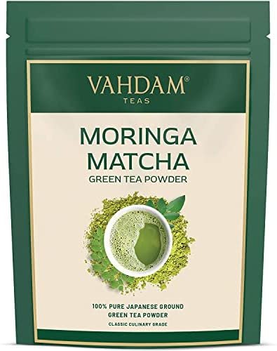 Thé Vert MATCHA + MORINGA en Poudre – MÉLANGE DE SUPERALIMENTS (50 Portions) – Thé Matcha Japonais en Poudre avec Poudre de Moringa Indien Authentique Délicieux Latte Matcha