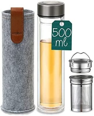 Thermos en Verre avec Infuseur en Acier Inoxydable – 500ml – Bouteille de Thé Avec Housse en Feutre – Sans BPA