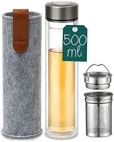 Thermos en Verre avec Infuseur en Acier Inoxydable – 500ml – Bouteille de Thé Avec Housse en Feutre – Sans BPA