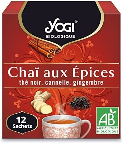 Yogi Biologique Chaï aux Épices, Infusion 100% Bio au Thé Noir, Cannelle et Gingembre, 12 sachets thermosoudés et sans agrafe, 24 g, 310011