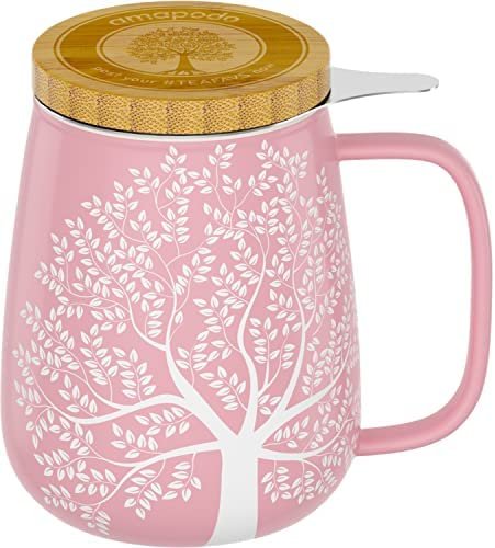 amapodo Tasse à thé avec couvercle et passoire – Tasse à thé en porcelaine grande 600ml – Tasse jumbo – Set de tasses XXL Rose – sans plastique