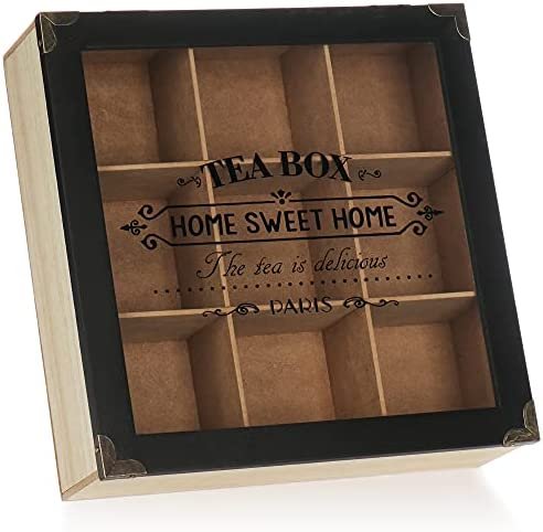 com-four® Boîte de Rangement pour sachets de thé Rustique – boîte à thé de Style Maison Campagne avec 9 Compartiments (Paris – Noir)