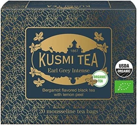 Kusmi Tea – Earl Grey Intense Bio – Thé noir aromatisé à la bergamote avec des écorces de citron – Boîte thé de 20 sachets mousseline