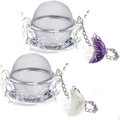 2pcs Infuseur Thé, Passoire à Thé en Maille de Boule en Acier Inoxydable Scdom, Améthyste et Cristal Blanc Lune Pendentif Boule de Thé Boule a The Avec Crochet à Chaîne Prolongée Pour Infuser