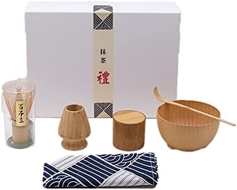 ANCLLO Ensemble de thé matcha japonais 5 pièces, fouet/bol/support/cuillère en bambou/boîtes de matcha pour cérémonie traditionnelle du thé japonais
