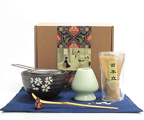 Artcome japonais Matcha Fouet Matcha Cuillère Traditionnelle, Bol à Matcha, Porte-fouet en céramique, Kit de cérémonie de matcha fait à la main pour cérémonie de thé japonais traditionnel (7 pièces)
