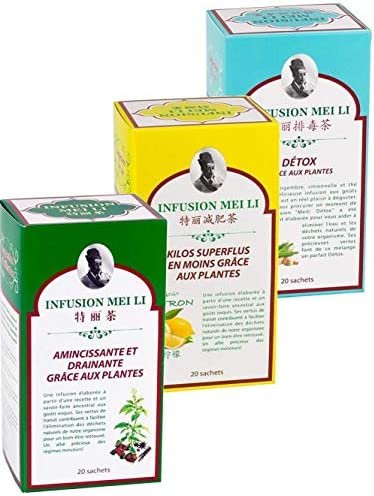 Assortiment de 3 thés MINCEUR – Infusion Mei Li – Fine Tonic # Amincissante et Drainante # Kilos Superflus en moins # Détox – 3 Boites de 20 Sachets