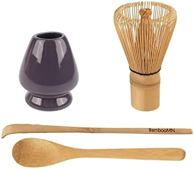 BambooMN Marque – Ensemble fouet à thé vert matcha – fouet + cuillère à thé + support de fouet noir
