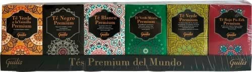CAFES GUILIS DESDE 1928 AMANTES DEL CAFE Thés Premium du Monde Pack 6 Variétés de Thé: Thé rouge Pu-Erh, thé vert, thé vert à la menthe, thé blanc, thé noir, thé vert à la vanille.