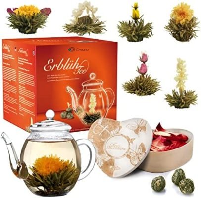 Creano Coffret Cadeau Fleurs de Thé Fleuries Mix dans une Boîte en Bois en Forme de Coeur | 6 Sortes de thé Blanc y Compris Théière en Verre 500ml
