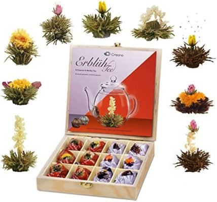 Creano Coffret Cadeau Fleurs de Thé dans une Boîte à Thé en Bois | 12 Thés Fleuris dans 9 Sortes de Thé blanc et de Thé noir