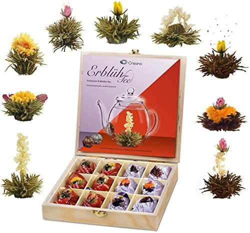 Creano Coffret Cadeau Fleurs de Thé dans une Boîte à Thé en Bois | 12 Thés Fleuris dans 9 Sortes de Thé blanc et de Thé noir