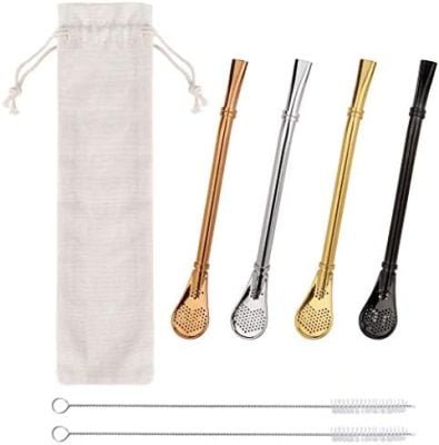 Cuillère à Paille Filtrante en Acier Inoxydable Pailles de Bombillas Réutilisables Pailles à Cuillère avec 2 Brosses de Nettoyage pour Thé Café Limonade Jus Smoothies Cocktails 4 Pièces (4 Couleurs)