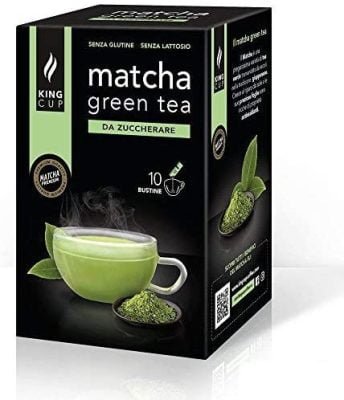 King Cup – 1 Paquet de 10 Sachets Solubles de Thé Matcha Sans Sucre, 10 Stick de 6 Gr pour Boisson Aromatisée Thé Matcha à Ajouter à 60 ml d&rsquo;Eau Chaude, Sans Gluten et Sans Lactose