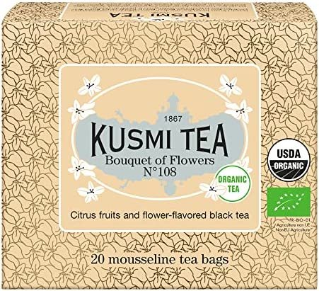 Kusmi Tea – Bouquet de Fleurs N°108 Bio – Thé noir aromatisé agrumes et fleur – Boîte thé de 20 sachets mousseline