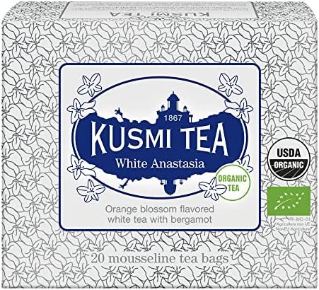 Kusmi Tea – Thé Blanc Bio White Anastasia – Thé Blanc à la Bergamote, Aromatisé Fleur d&rsquo;Oranger et Citron – Boîte Thé de 20 sachets mousseline – 40g