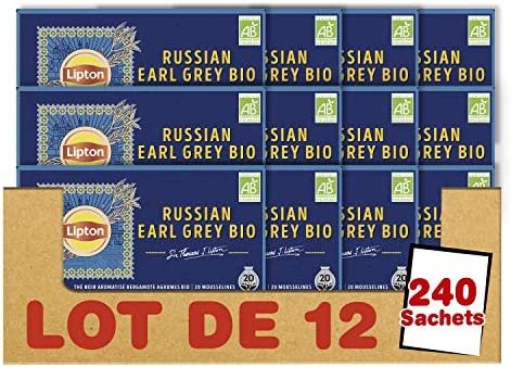 Lipton Sir Thomas Thé Noir Biologique Russian Earl Grey, Label Rainforest Alliance 240 Sachets (Lot de 12×20 Sachets)