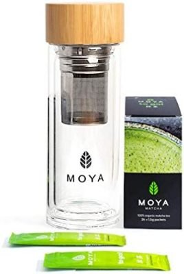 Moya Matcha To Go! Set | Shaker en verre 330 ml + 24 sachets x 1,5 g de Matcha To Go| Set de préparation du matcha chaud et froid | Idéal pour le travail, le voyage ou l’entraînement