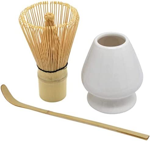 NIDONE Set de thé Matcha 3 pièces, Fouet à Matcha en Bambou (Chasen), Support de Fouet en céramique, Pelle en Bambou (Chashaku) Set de démarrage Traditionnel pour Le Matcha.