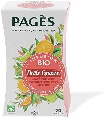 PAGÈS – Infusion BIO Brûle Graisses (Maté, Café Vert, Thé Vert, Guarana, Cit Vert, Or) – Lot de 4 boites de 20 sachets