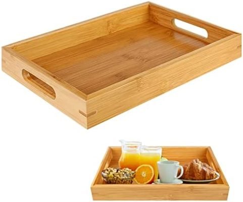 Plateau de Service en Bambou avec Poignées, Plateau de Service en Bois Rectangulaire, Plateau en Bambou Rectangulaire, Plateau Repas en Bambou, Plateau Bois pour Café, Thé, Petit Déjeuner(35x22x4cm)