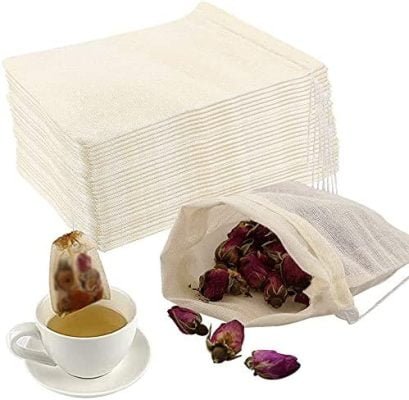 Sachet de Thé Réutilisable 50pcs Sachet en Mousseline de Coton Sachets Filtre à Thé Avec Cordon Sachet de Thé Vide pour Thé en Vrac Café Epices Herbes Thé Cuisine 8 x 10 cm