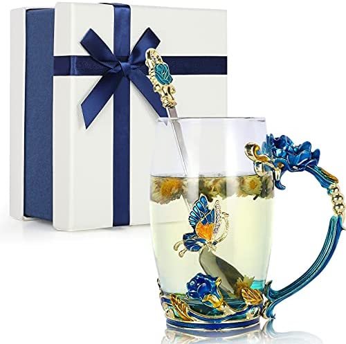 Tasse à Thé Fleur en Verre Papillon Émail à la Main, Tasse à Café pour Dames avec Cuillère en Acier Chiffon de Nettoyage Sous-Verres Boîte Cadeau Set, Fille Anniversaire Ami Maman Cadeau (Bleu Ciel)